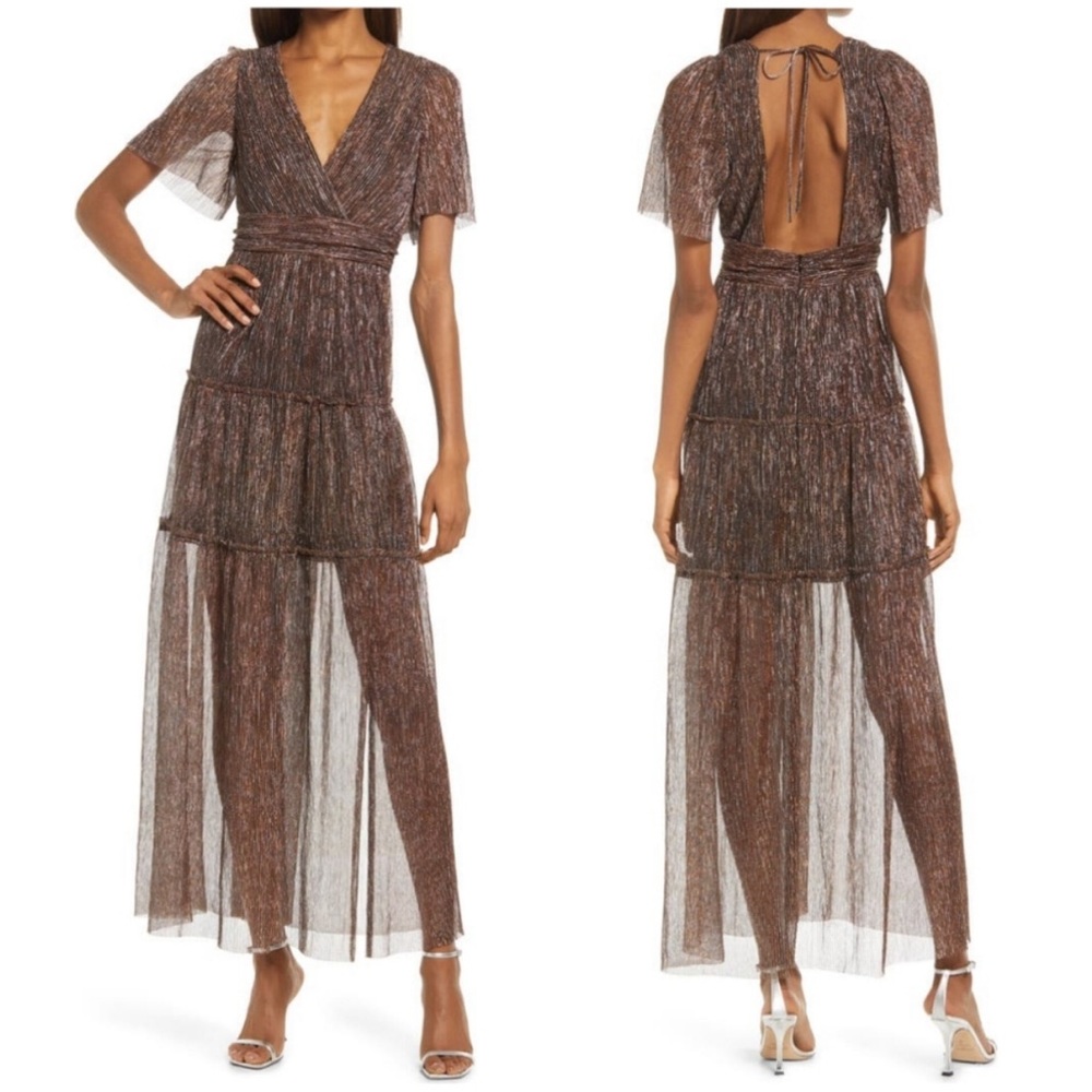 Floret Studios Metallic Plissé Sheer Maxi Dress Sz L